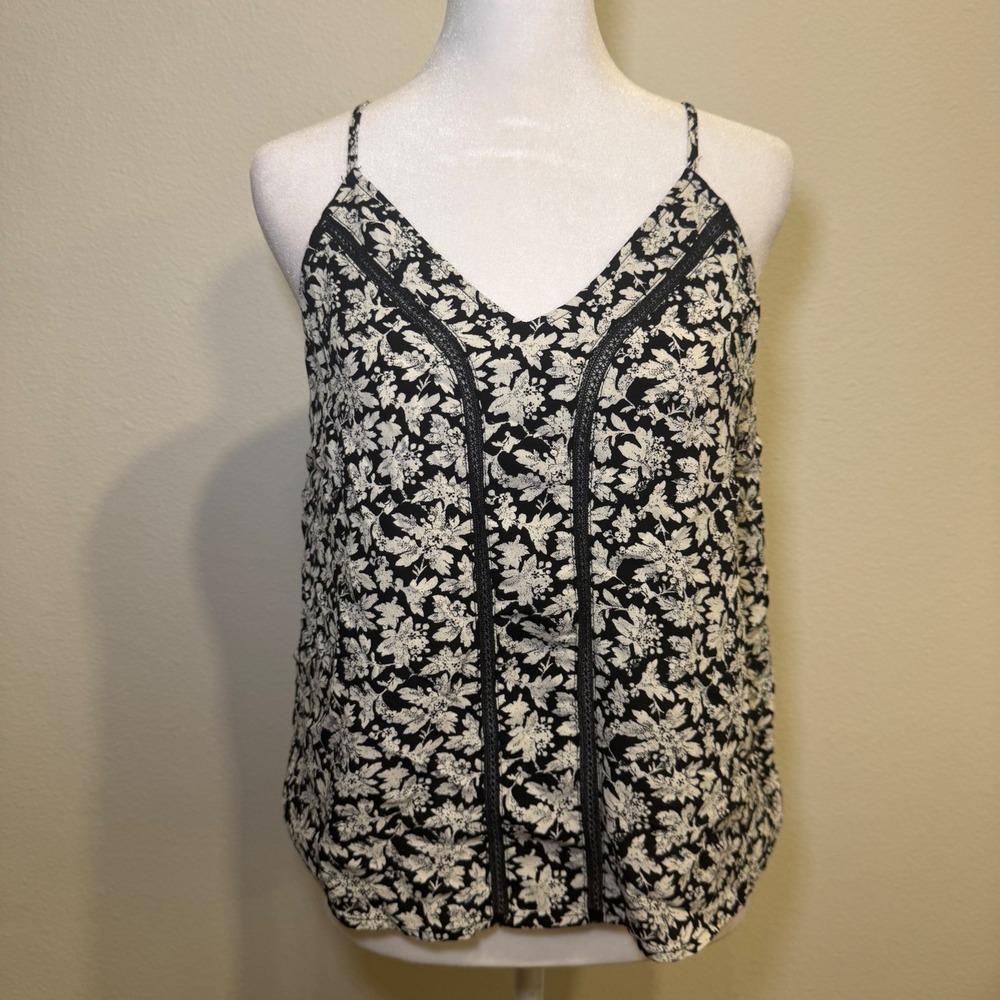 Treasure & Bond Floral Print V‎ Neck Cami Tank Top Black White Size S